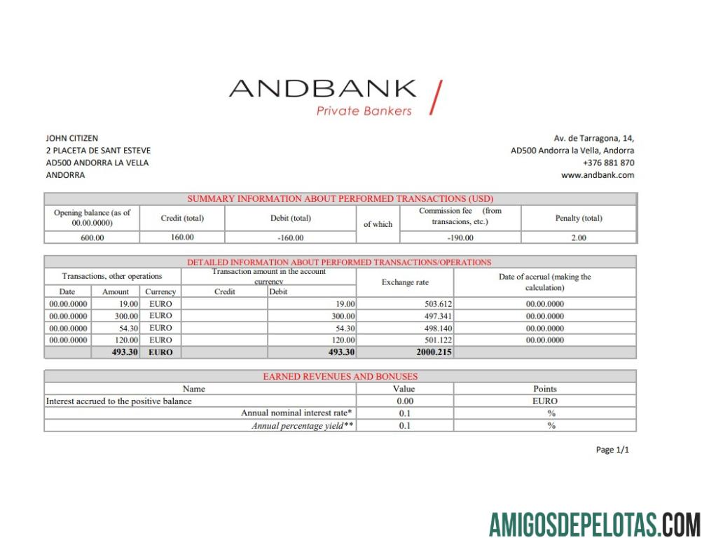 Modelo de extrato bancário Andorra Andbank em branco em formato Excel e PDF